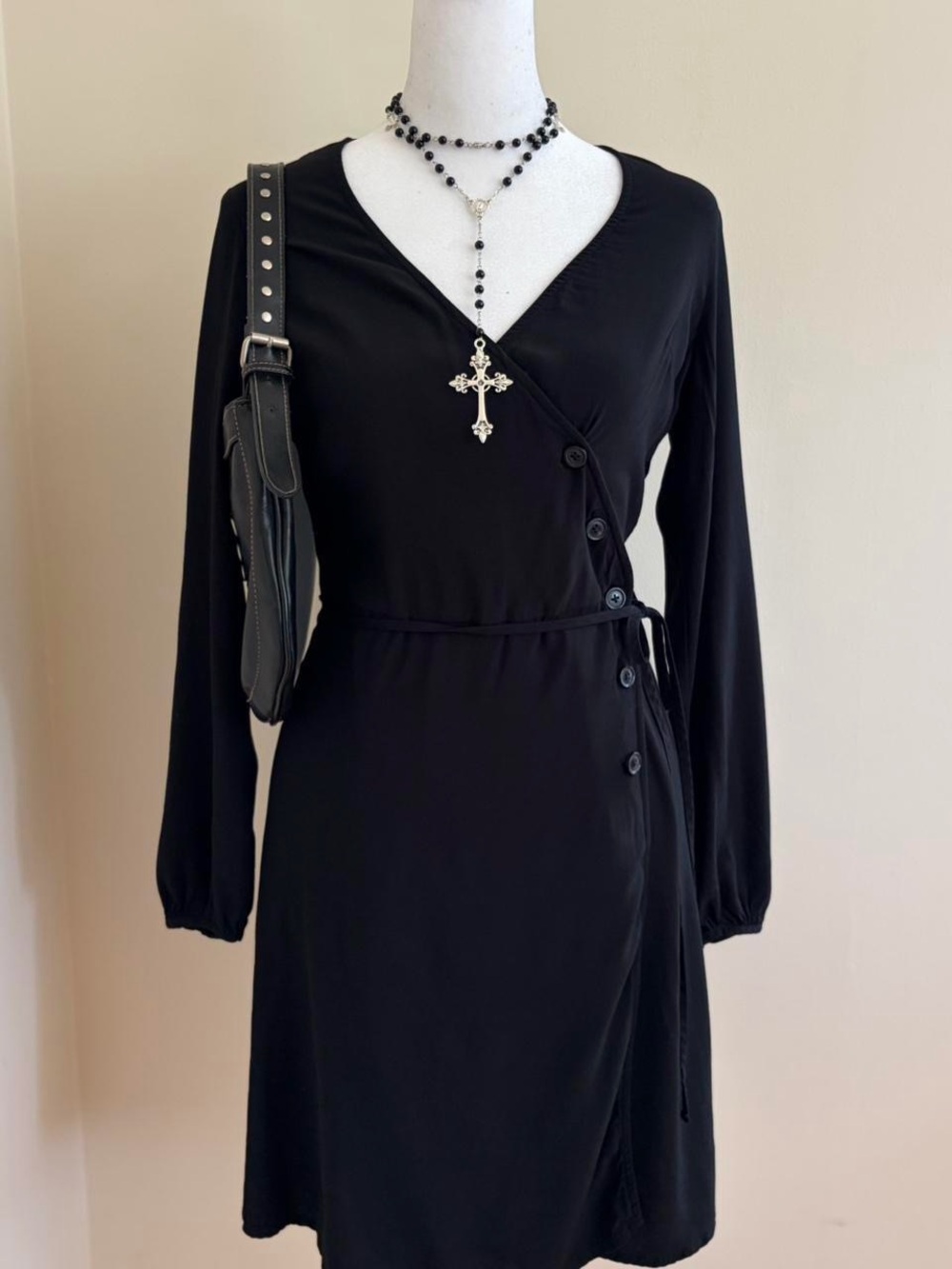 Goth minimalist witch dress black asymmetrical button front balloon sleeve alt 2